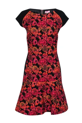 Ted Baker - Black & Floral Jacquard Drop Waist Dress Sz 12