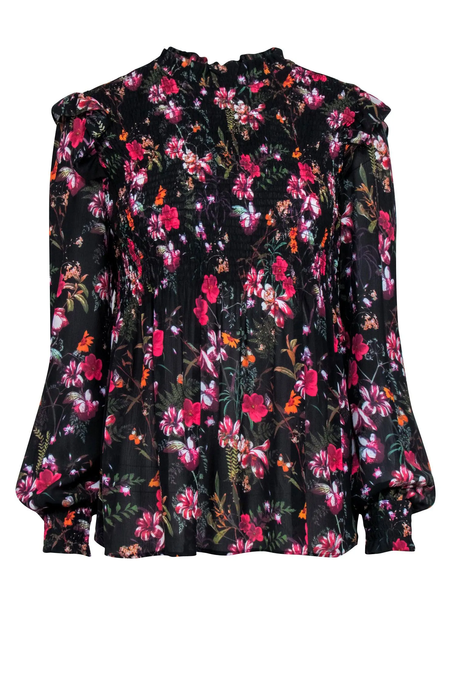 Ted Baker - Black & Multicolor Floral Long Sleeve Smocked Top Sz 6