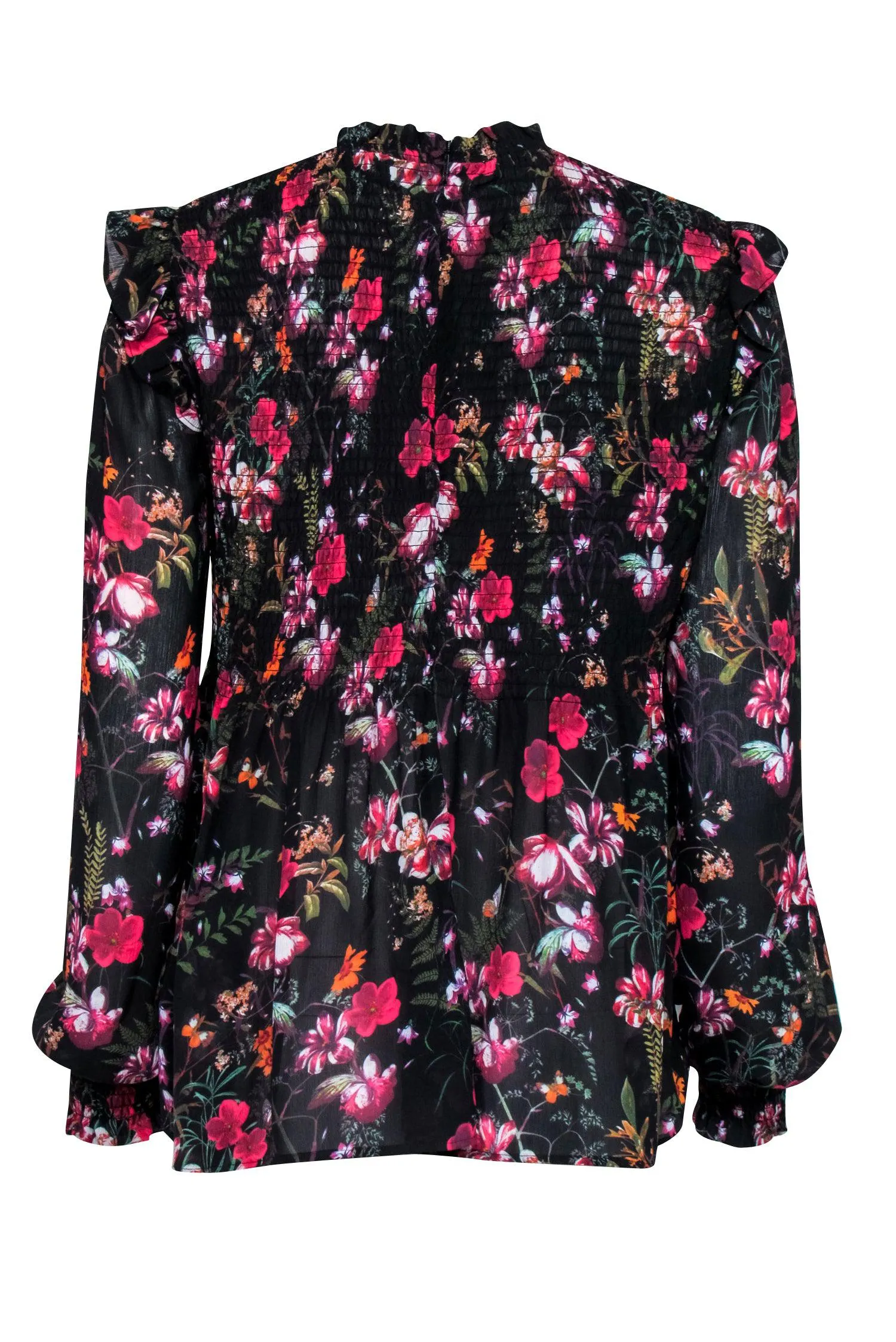 Ted Baker - Black & Multicolor Floral Long Sleeve Smocked Top Sz 6