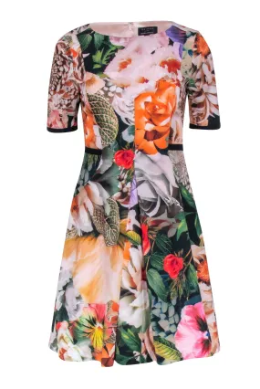 Ted Baker - Black, Peach, & Multi Color Floral Short Sleeve Dress Sz 4