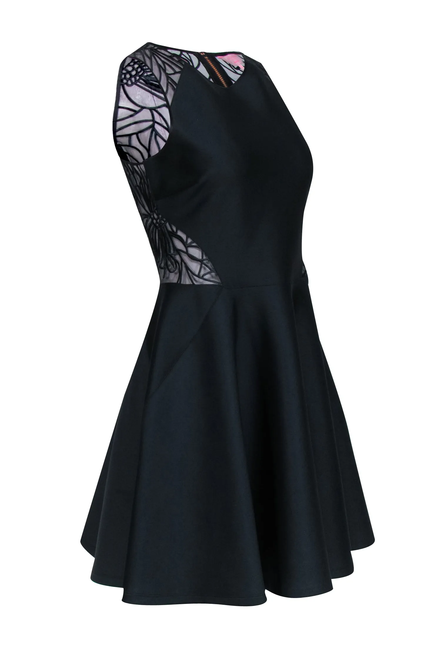 Ted Baker - Black Sleeveless Fit & Flare Dress w/ Embroidered Mesh Detail Sz 6