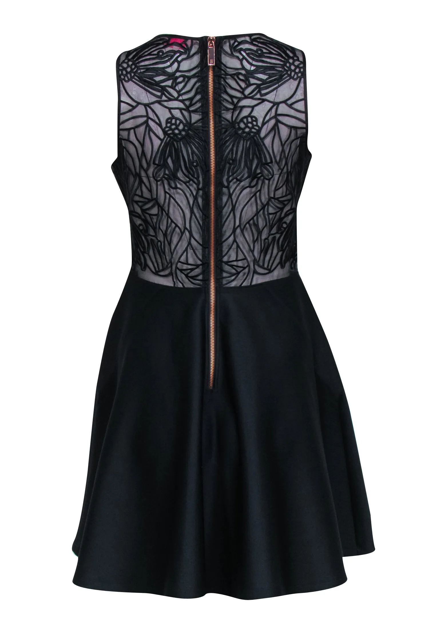 Ted Baker - Black Sleeveless Fit & Flare Dress w/ Embroidered Mesh Detail Sz 6