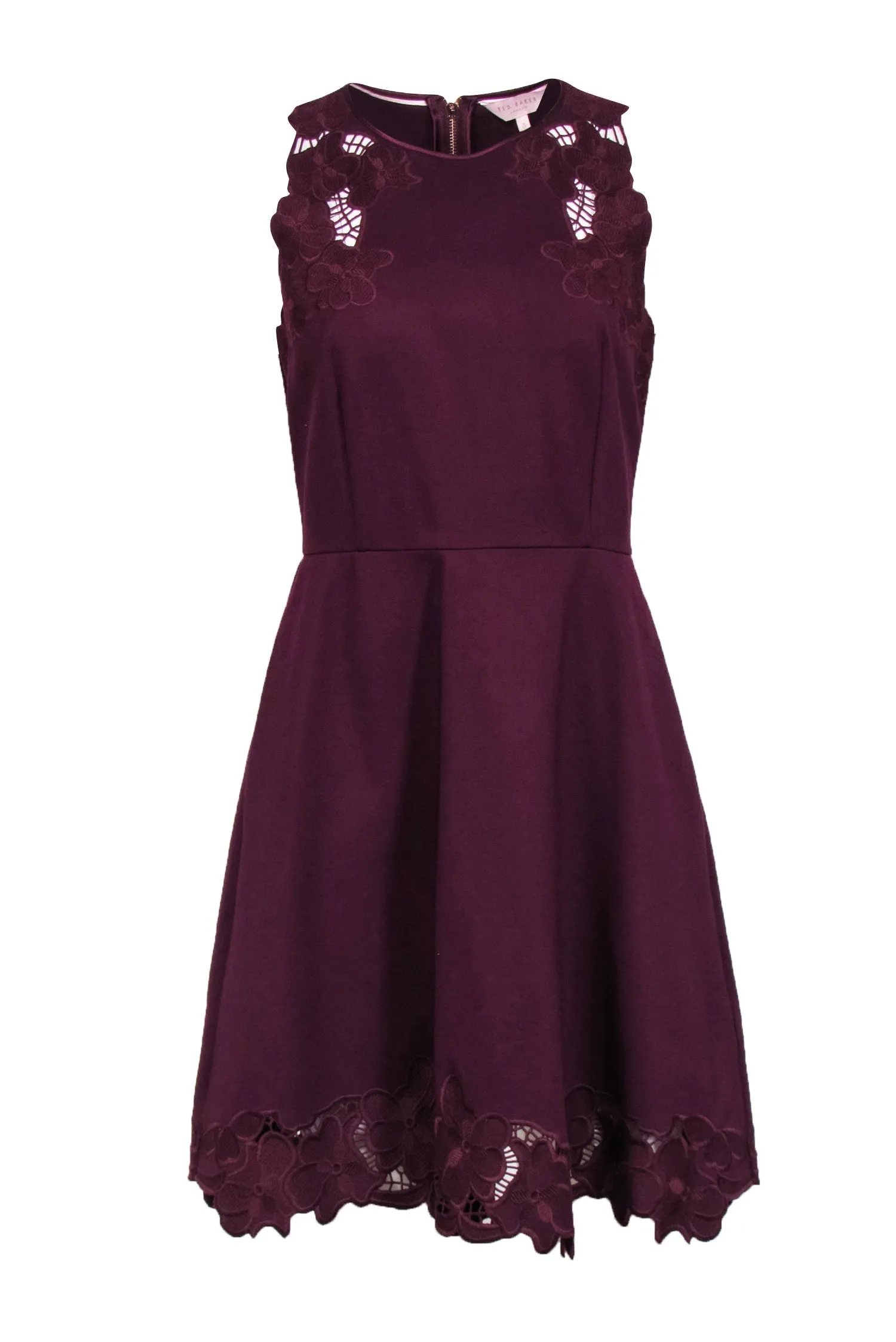 Ted Baker - Burgundy Sleeveless Cocktail Dress w/ Floral Embroidery Detail Sz 8