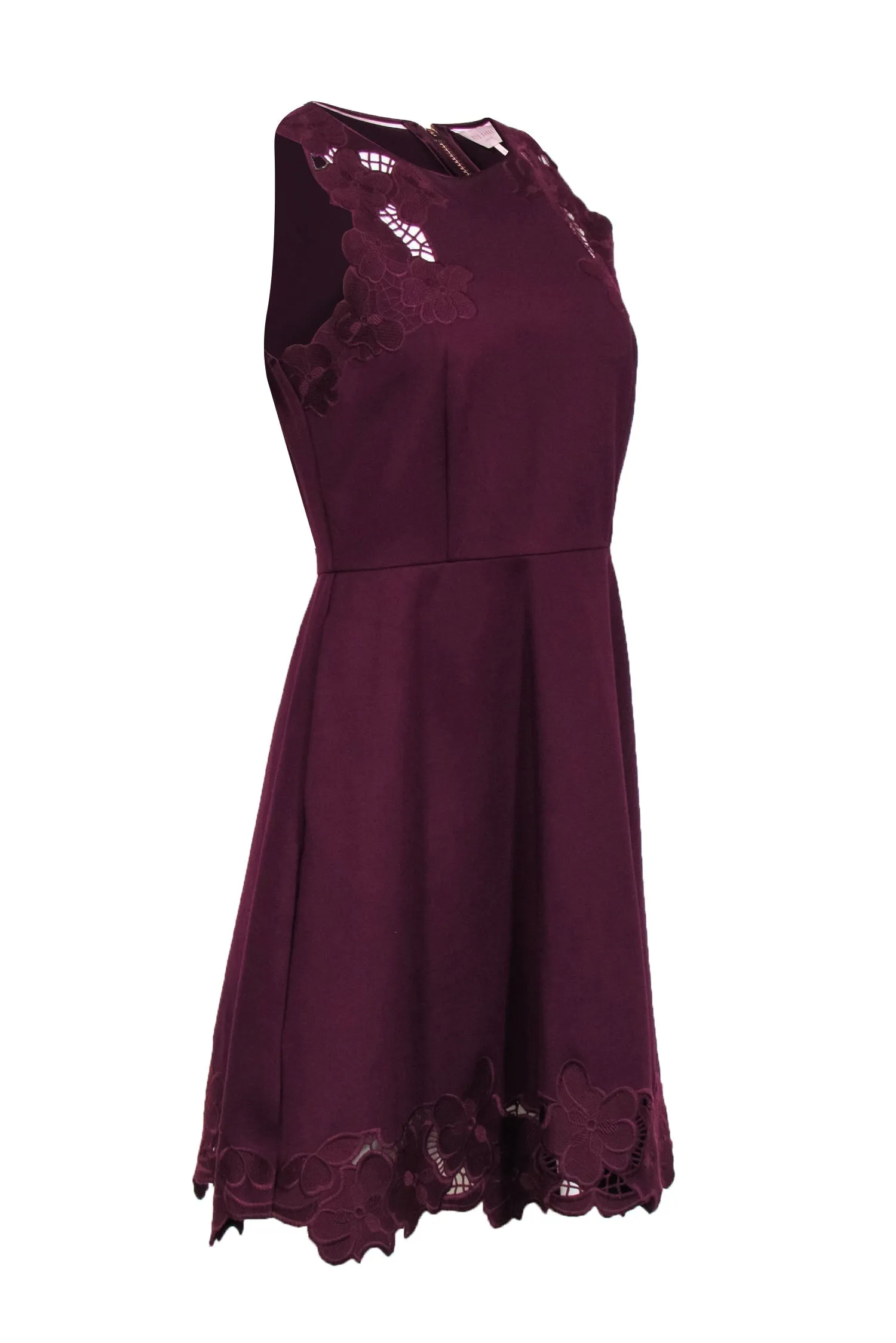 Ted Baker - Burgundy Sleeveless Cocktail Dress w/ Floral Embroidery Detail Sz 8