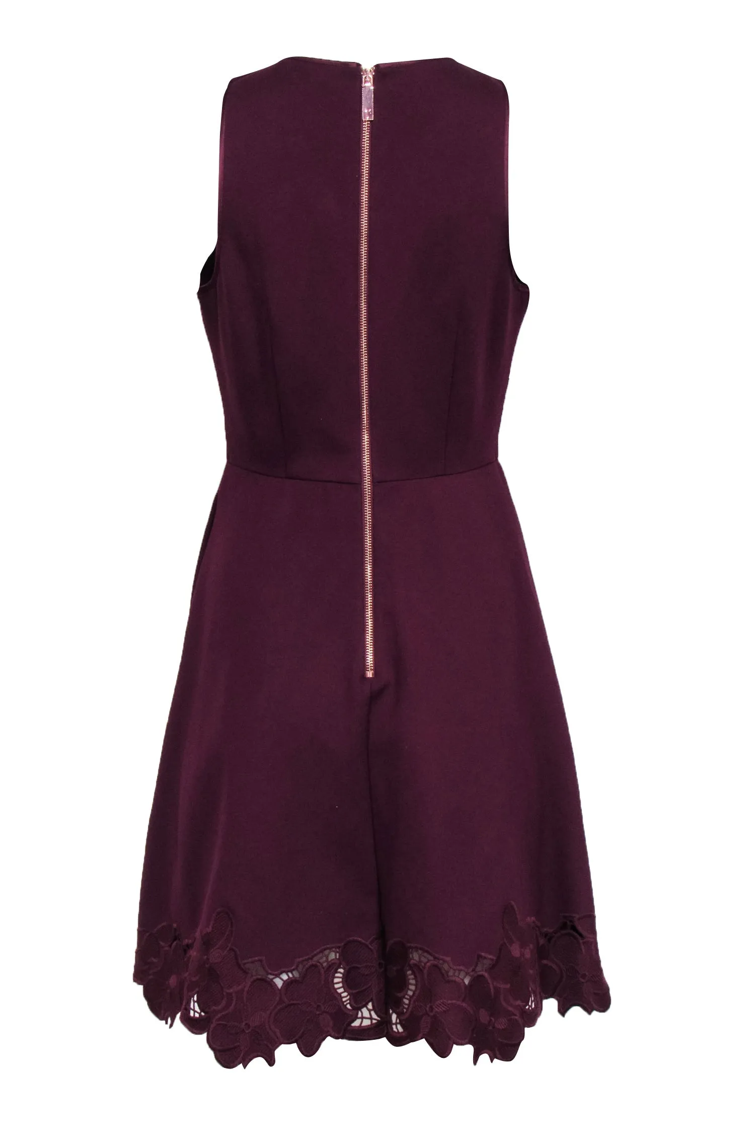 Ted Baker - Burgundy Sleeveless Cocktail Dress w/ Floral Embroidery Detail Sz 8