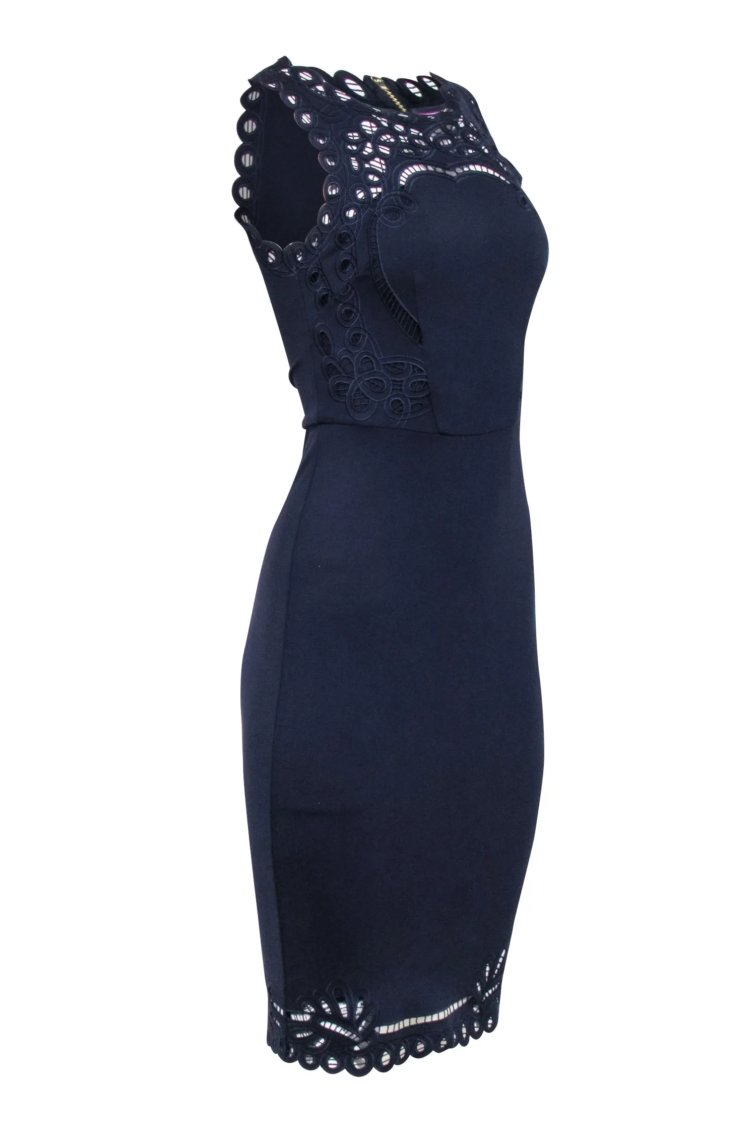 Ted Baker - Navy Embroidered Trim Sheath Dress Sz 2