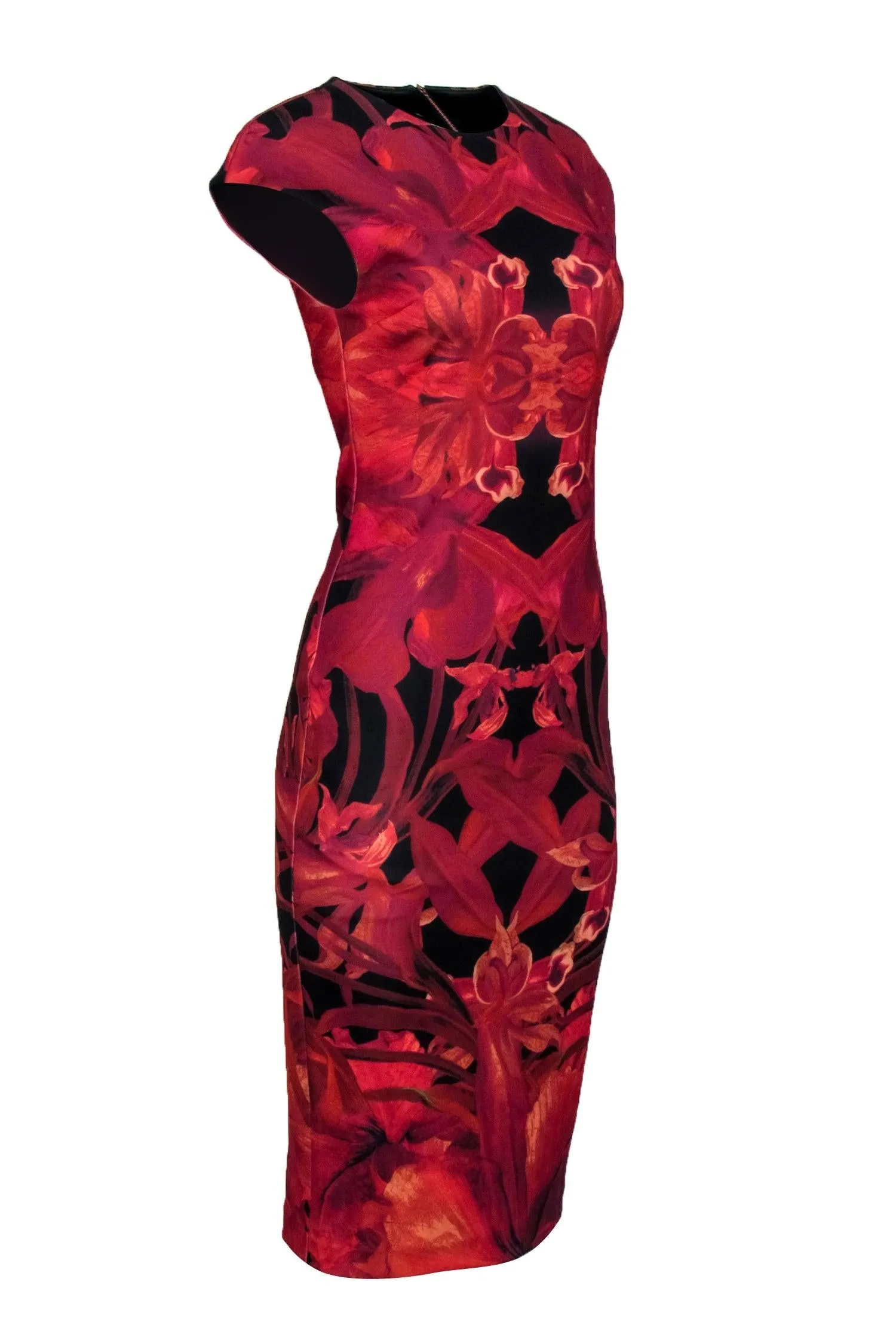 Ted Baker - Red and Black Floral Print Cap Sleeve Dress Sz 2