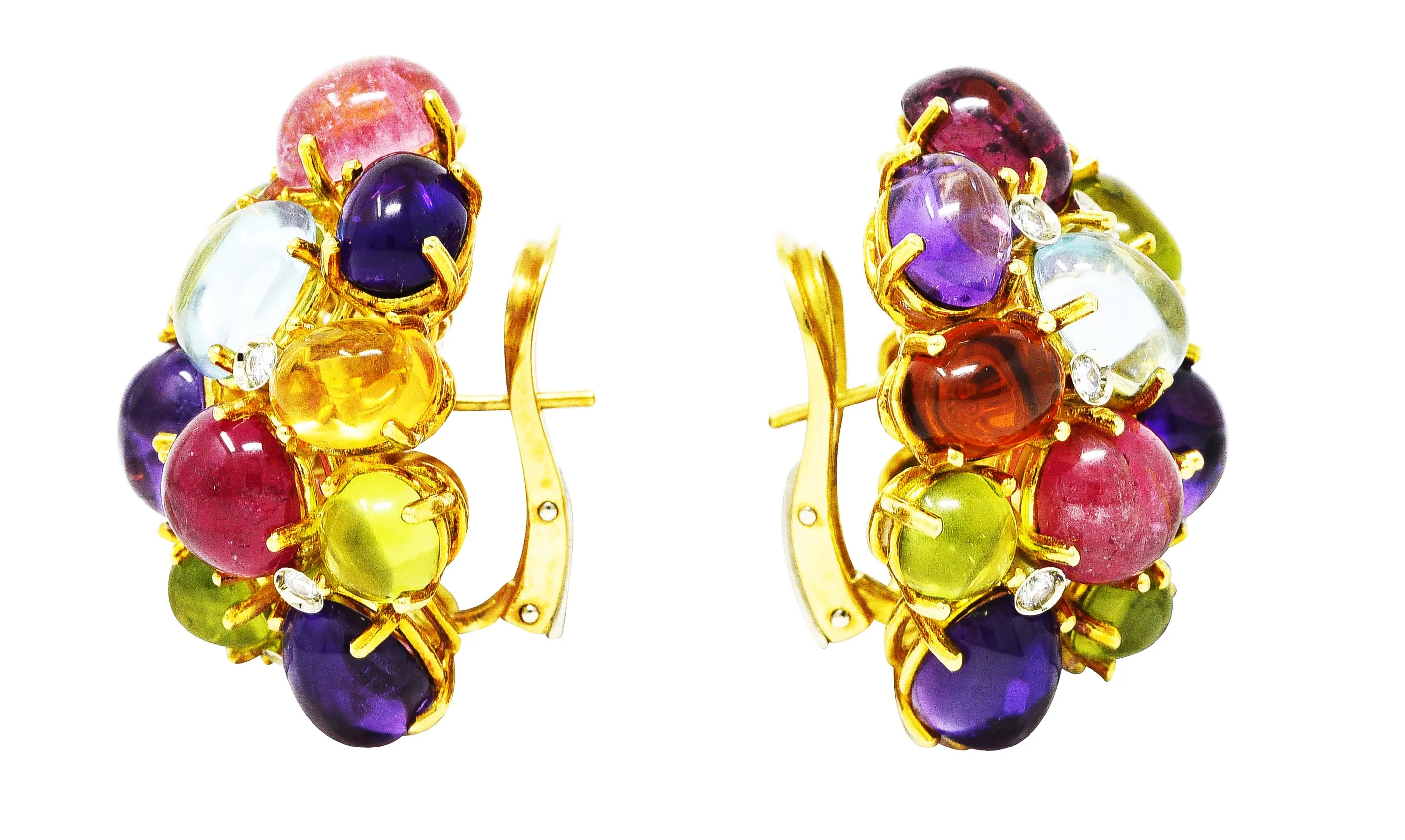 Valentino Amethyst Citrine Peridot Tourmaline 18 Karat Two-Tone Gold Vintage Cabochon Cluster Earrings